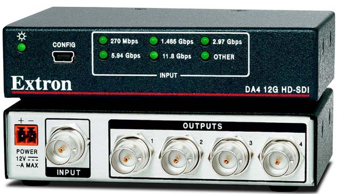 Extron DA4 12G HD-SDI — на 300 м со скоростью до 11,88 Гбит/с.